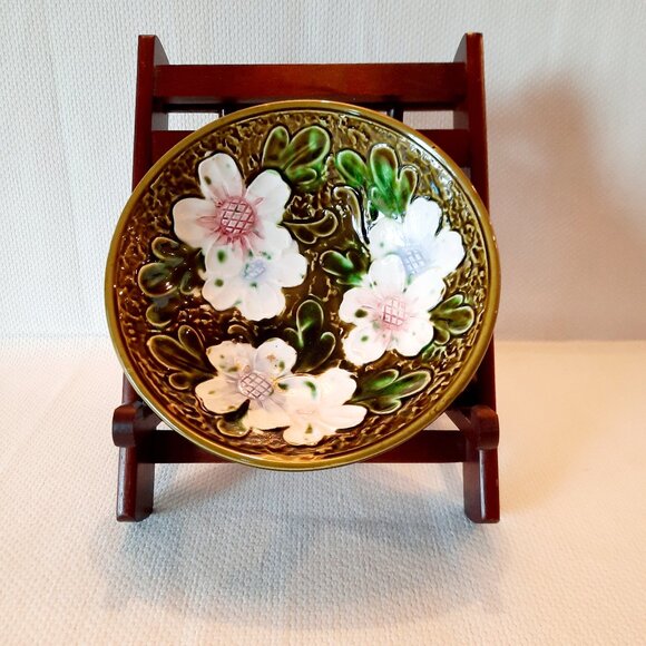 Majolica Style Bowl with Floral Motif, 7 1/2" W - Picture 1 of 4